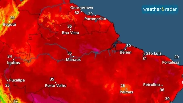 The TemperatureRadar shows peaks around 35°C (95°F) in the Amazon region (Manaus and surrounding areas).
