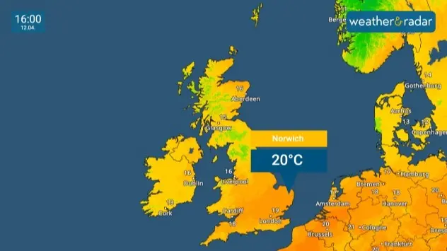 Temperature map of the UK and Ireland showing 20 degrees Celsius in Norwich