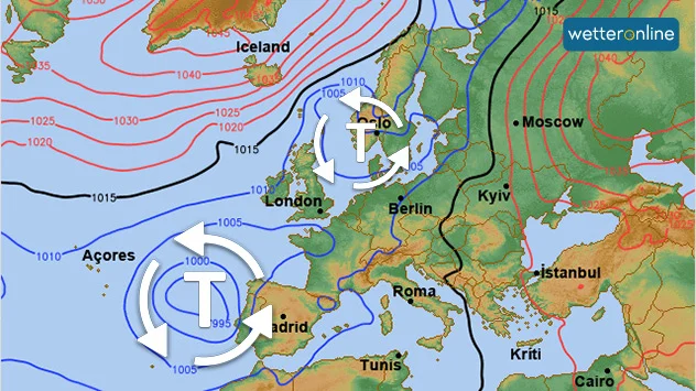 Wetterkarte zeigt Tiefs von West- bis Nordeuropa