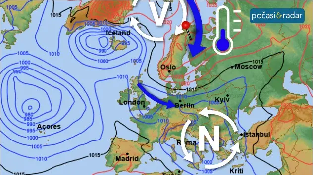 Příčinu silných mrazů na severu Skandinávie můžeme dobře vidět na synoptické mapě. 