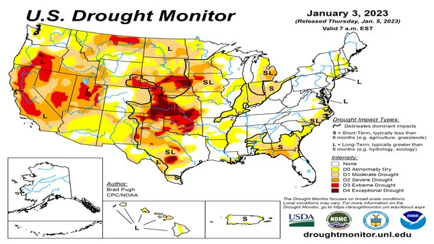 Drought monitor released on Jan. 3, 2023 for the United States.