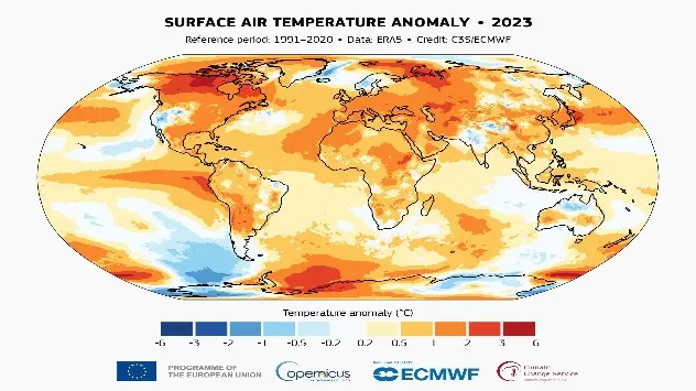 Surface air temperature anomaly for 2023 relative to the average for the 1991-2020 reference period.