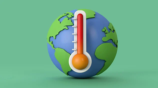 Symbolgrafik: Thermometer vor Erdkugel