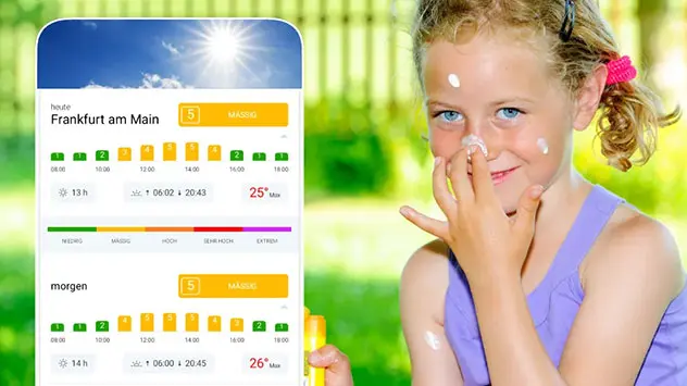 UV-Index Frankfurt Main - Mädchen trägt sich Sonnencrem ins Gesicht auf
