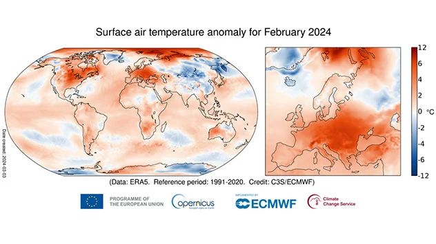 Anomaly map showing air temperature differences in February 2024