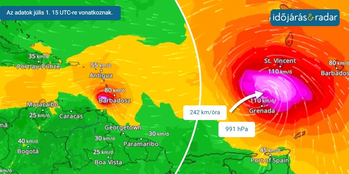 Harta vântului arată zonele afectate de uraganul Beryl și vitezele maxime ale vântului la rafală.