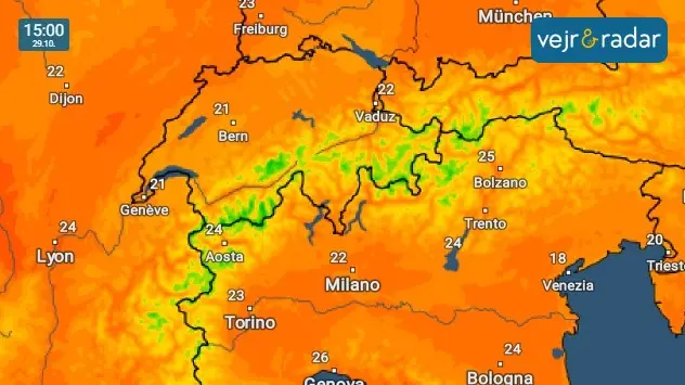 Usædvanlig varme i Alperne, som det kunne ses i TemperaturRadaren