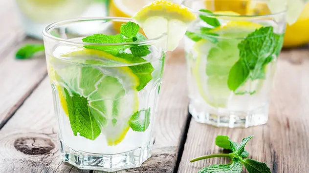 Glas Wasser mit Minze, Zitronen, EIswürfeln und Wasser