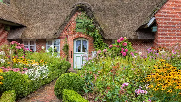 Bunt blühender Garten vor einem reetgedeckten Backsteinhaus