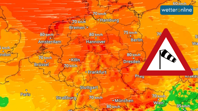 Am Mittwoch droht verbreitet Sturm, wie im WindRadar zu sehen ist.