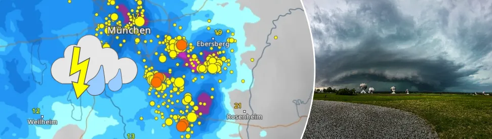 Gewitter im Großraum München, WetterRadar links, Bild von schöner Gewitterzelle bei Weilheim (Oberbayern) rechts (c) Marcel Reggel via WetterMelder Deutschland
