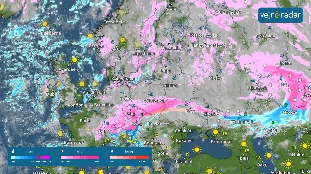 Sneen har fat i Europa fra Irland til Italien. Her ses lørdag formiddag på VejrRadaren