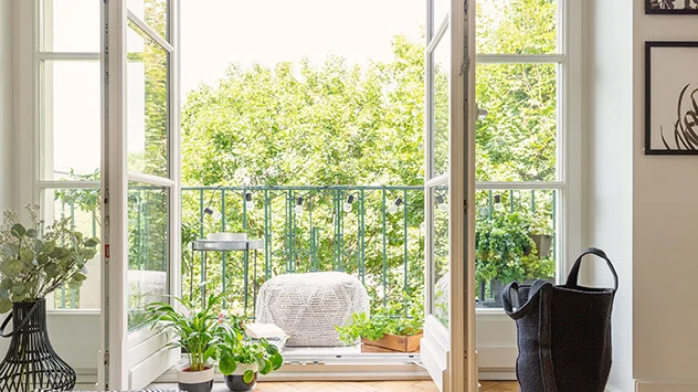 Gemütlicher Balkon mit Teppich, Pflanzen und Sitzsack