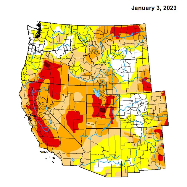 Drought monitor released on Jan. 3, 2023, before the most intense storms arrived to the West Coast. 