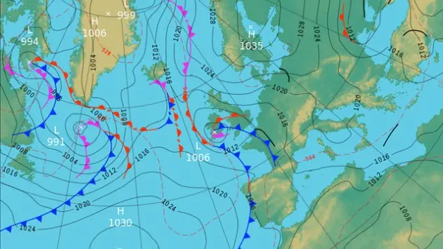 De weerkaart toont de locatie van de hogedrukgebieden (H) en lagedrukgebieden (L) 