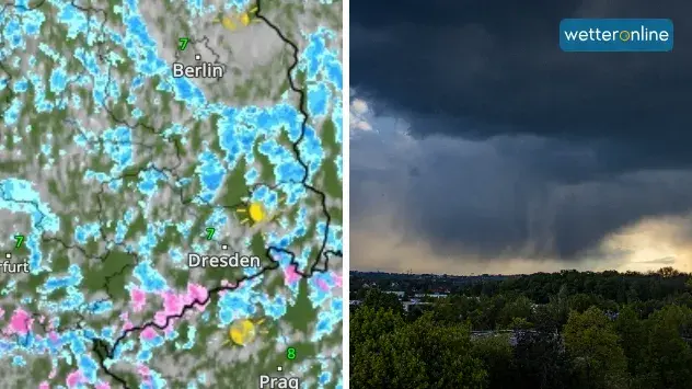 Die zahlreichen Schauer lassen sich auch heute in unserem WetterRadar gut erkennen. Das rechte Foto zeigt einen Schauer bei Dresden. 