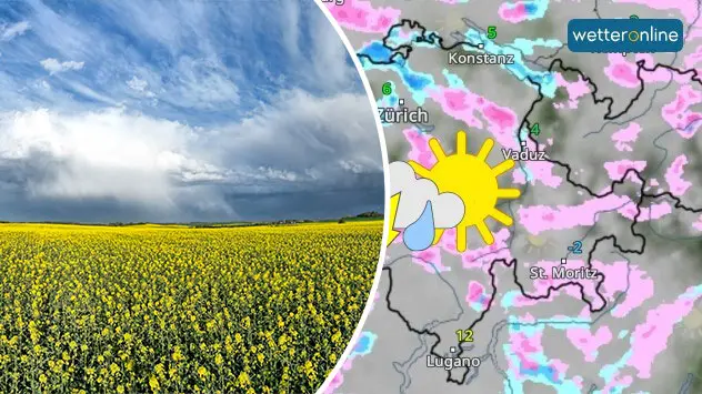 Aprilwetter mitten im April; Schauerwolke über Rapsfeld  (links) und WetterRadar mit Schauen (rechts) 
