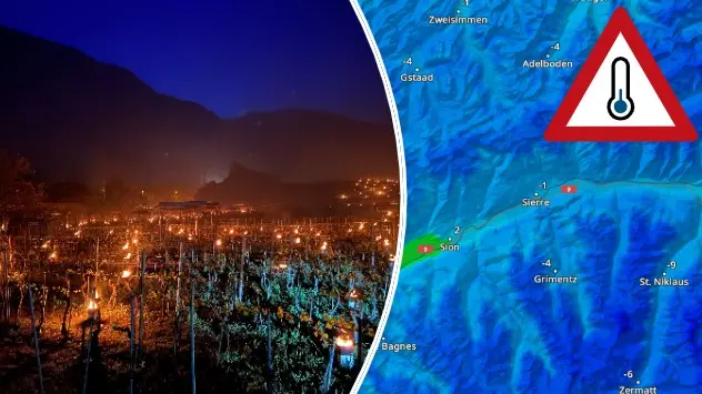 L - Candles in vineyard protect vines from frost. R - Temperature map shows freezing temperatures in the Alpine valley of Switzerland.