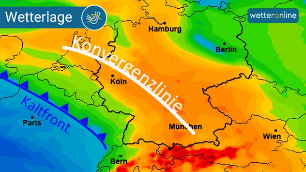 Karte zeigt unterschiedliche Luftmassen, in der heißesten Luft liegt die Konvergenzlinie