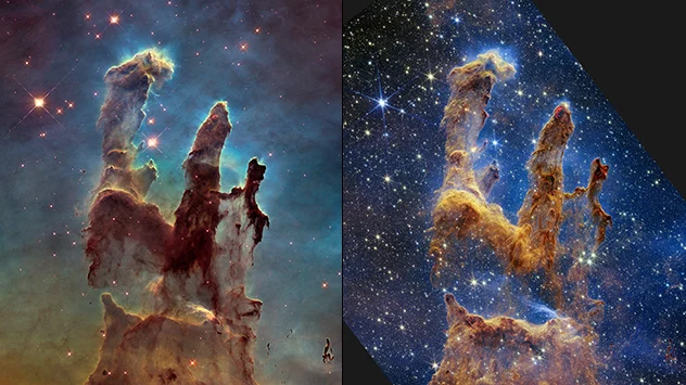 Die Säulen der Schöpfung im Vergleich Hubble - James Webb-Teleskop.