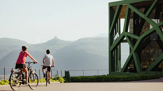 Die lichtdurchflutete Vinothek der Kellerei Tramin ist ein ideales Ziel für Radtouren.