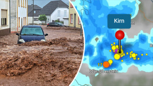 Schlammfluten in Kirn im Nahetal in Rheinland-Pfalz und WetterRadar (c) dpa