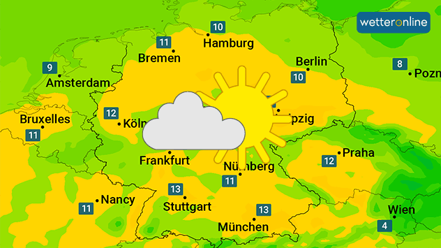 Karte mit den möglichen Höchstwerten bis fast 15 Grad für nächste Woche