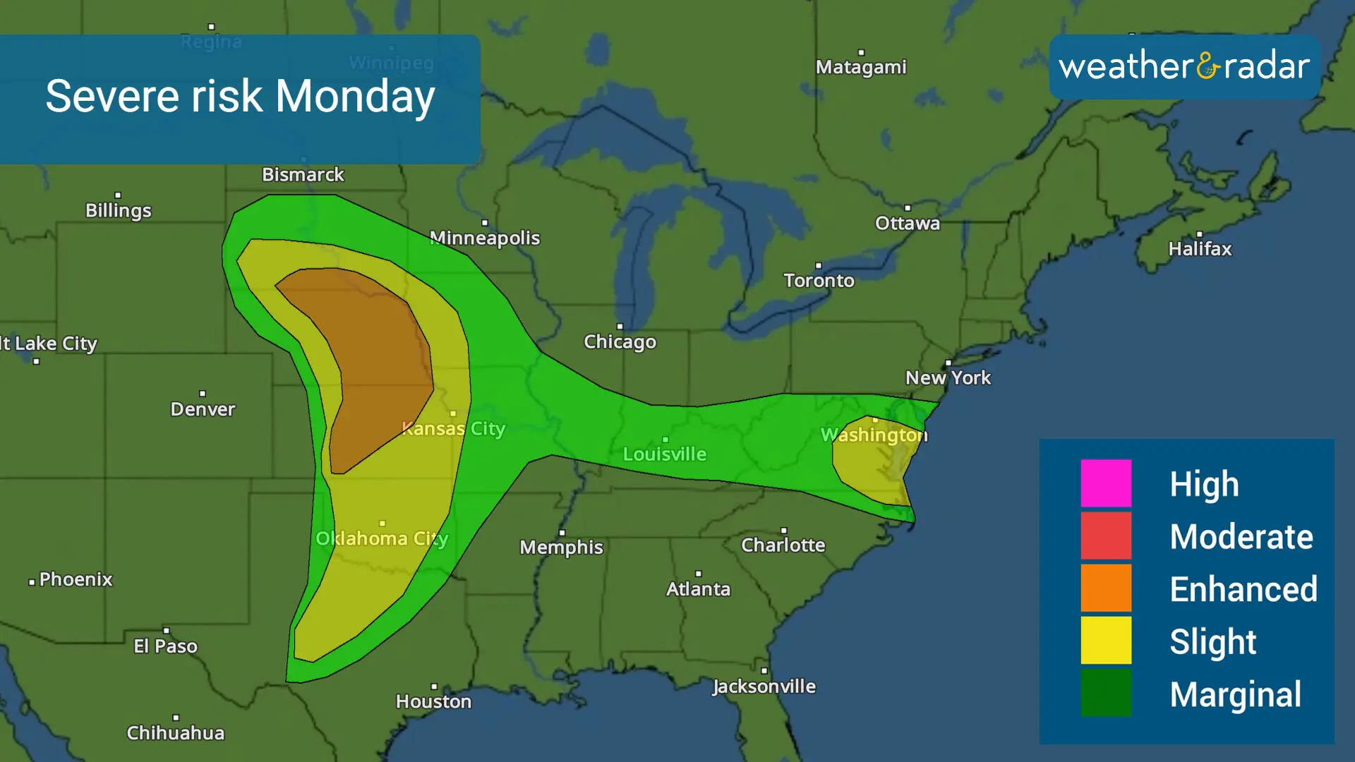 Severe storms Monday will affect the Plains. 