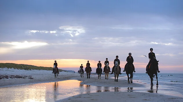 Strandausritt am Wasser bei Sonnenuntergang