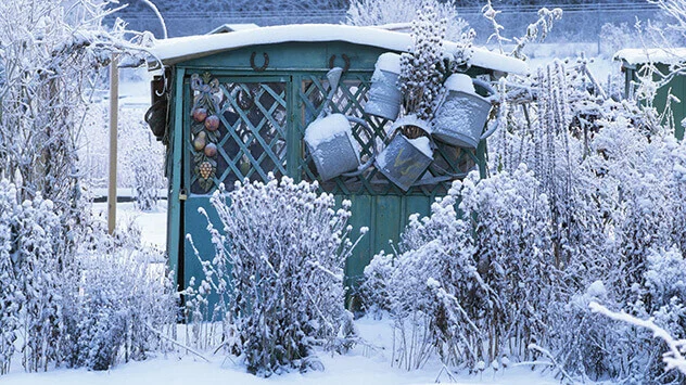 Gartenhaus im Winter mit Versteckmöglichkeiten für Insekten