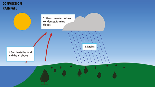 Die Sonne erwärmt die Oberfläche und die Luft darüber. Die erwärmte Luft steigt auf, kühlt sich ab, die Feuchtigkeit kondensiert, Wolken entstehen. 