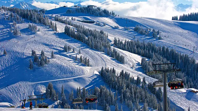 Blick über Skihänge und Wälder in Brixental