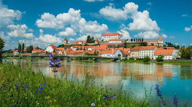 Blick über die Drau und die Altstadt Ptujs