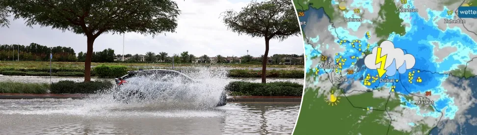 Überflutete Straße in Dubai - WetterRadar zeigt Regengüsse und Gewitter rund um den Persischen Golf (c) dpa