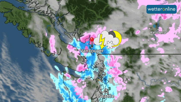 Das WetterRadar zeigte am Sonntag turbulentes Wetter mit Schnee und Regen über Vancouver. In einem kräftigen Schauer hat sich der Blitz entladen.