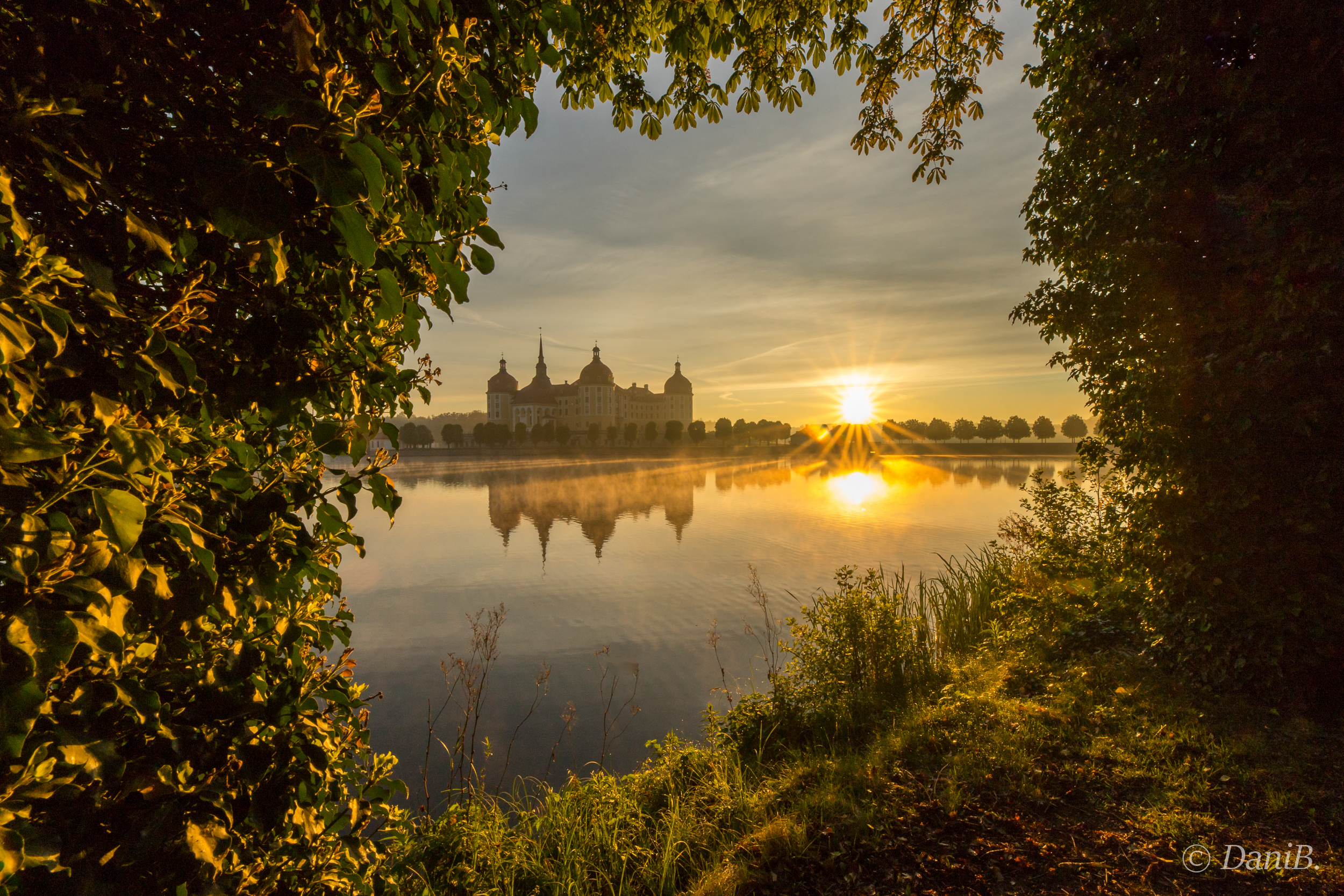  Am Sonntagmorgen geht die Sonne malerisch über leichtem Dunst am Schloss Moritzburg nahe Dresden auf.