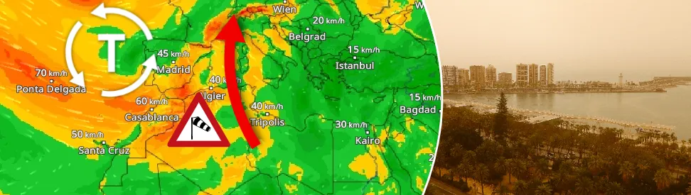 Ein Tief vor Portugal führt zu stürmischem Wind in Marokko  - orangener Dunstschleier über Malaga (c) dpa