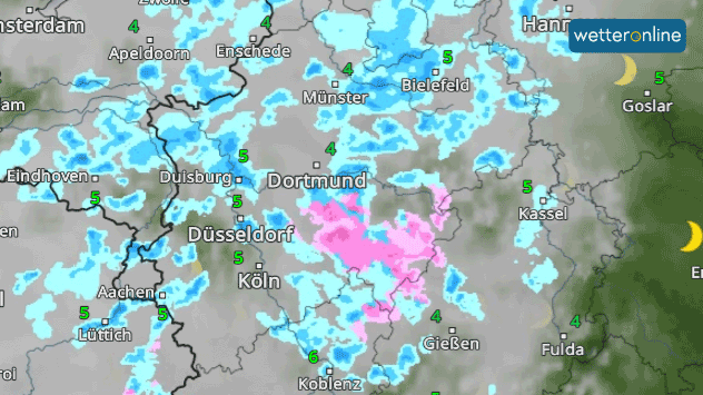 Die WetterRadar-Vorhersage zeigt für die Nacht zum Sonntag etwas Schnee in den Mittelgebirgen. 