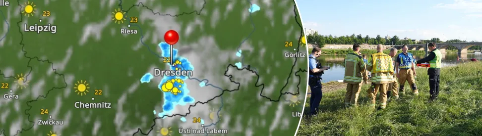 WetterRadar zeigt Gewitter über Dresden - Einsatzkräfte auf Elbwiesen (c) dpa