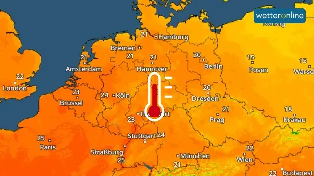 TemperaturRadar für Samstag zeigt im Westen Spitzenwerte bis 25 Grad an.