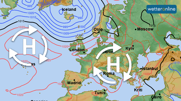 Eine Wetterkarte zeigt die Verteilung von Hoch- und Tiefdruckgebieten in Europa.