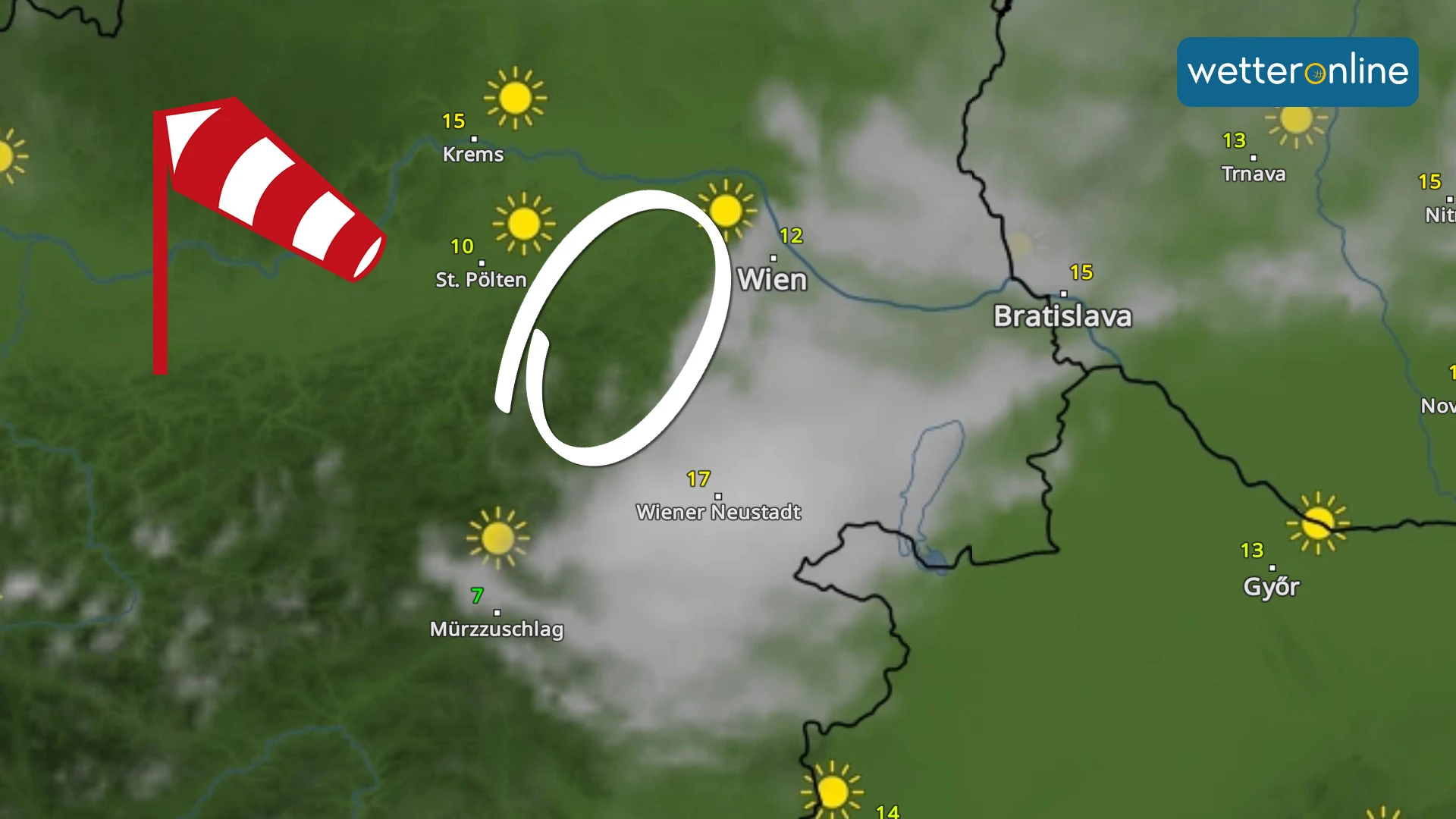 WetterRadar zeigt stehende Leewelle über Wien.