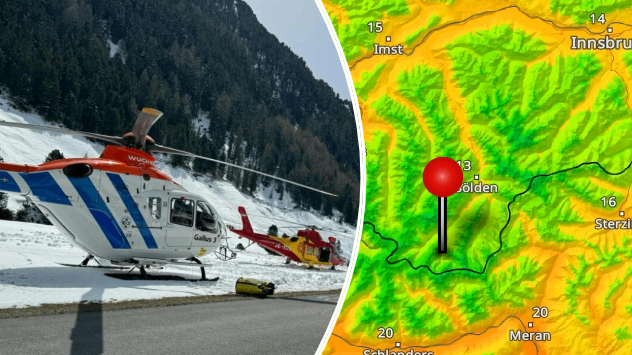 Helicopter at site of avalanche accident, and temperature map of the area in Tyrol, Austria.