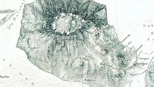 In eine historische Karte hat sind die verlassenen Siedlungen, die ehemaligen Königreiche Sangar, Papekat und Tambora, eingezeichnet