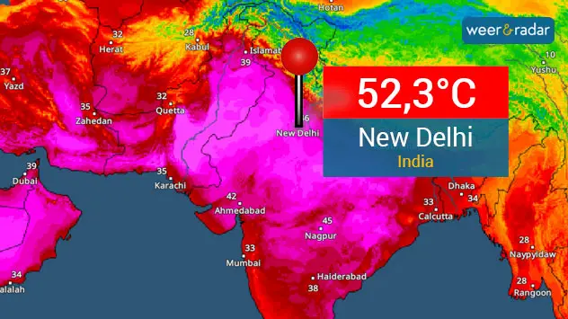 De TemperaruurRadar toont de extreme hitte in een groot deel van India en in Pakistan. Er is voorlopig geen einde van de hitte in zicht. 