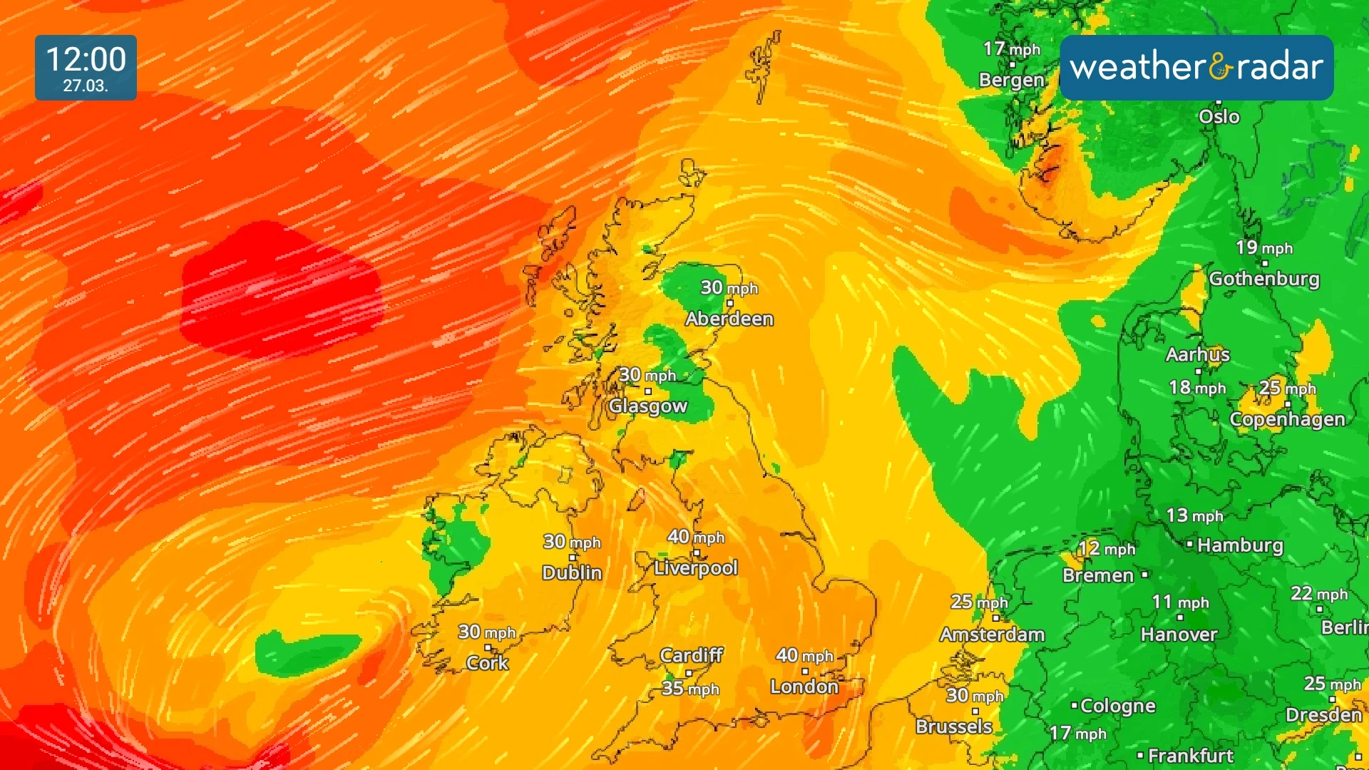 Winds gusting in excess of 40 mph in places.