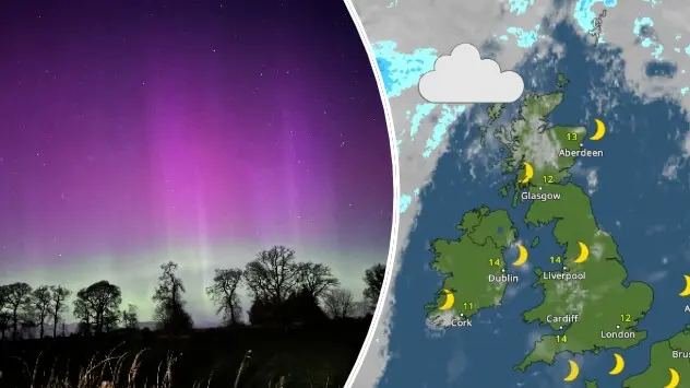 Image of the aurora borealis, Northern Lights, over Scotland in April and a weather map of the UK and Ireland for Friday, May 10th.