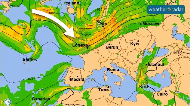 The jet stream is blowing directly at the UK and Ireland this weekend, as displayed on our wind chart.