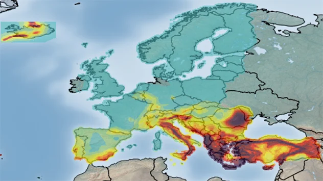 Harta de risc seismic întocmită de EFEHR arată zonele în care sunt posibile cutremure puternice în următorii 50 de ani.