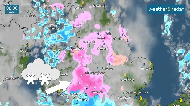Weather map showing snow, rain and ince